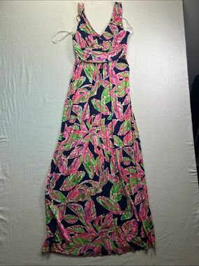 Lilly Pulitzer Navy Maxi Dress with Pink & Green Leaf Print